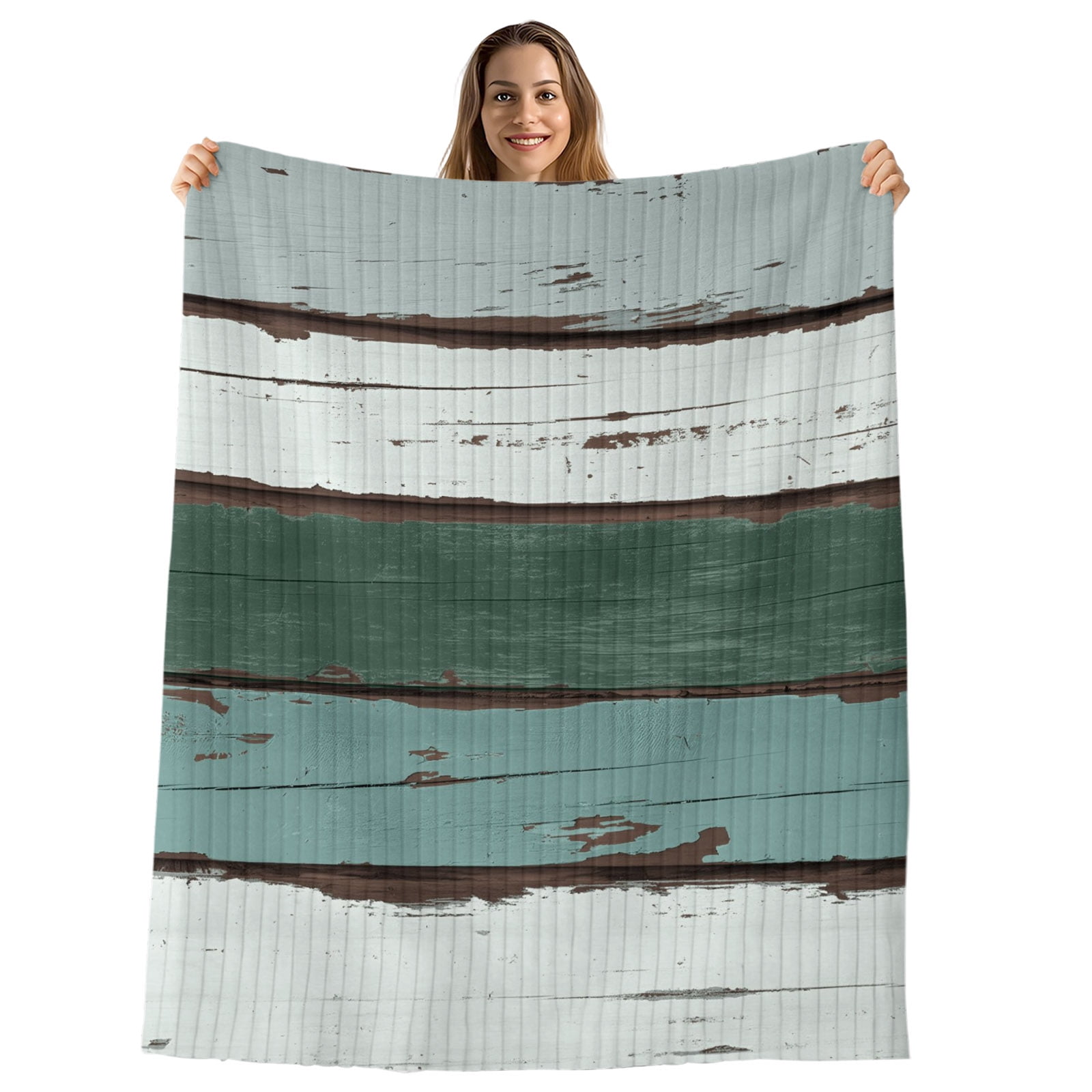 Green Gray White Throw Blanket, Flannel Fleece Blanket with Striped Design for Couch, Country Vintage Gradient Wooden Plank Soft Breathable All Season Plush Blankets for Sofa Office Chair 30"x40"