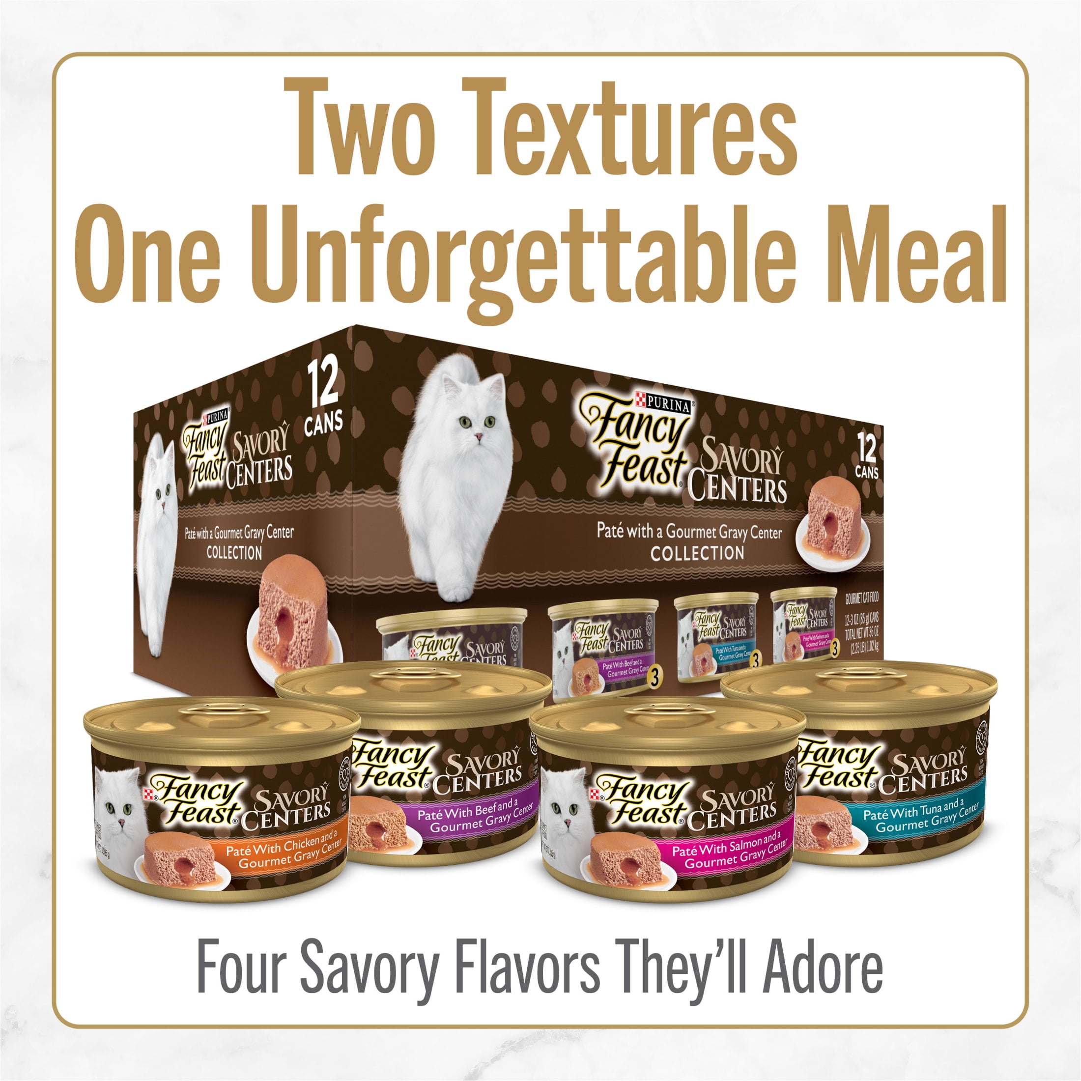 (2 pack) Purina Fancy Feast Savory Centers Wet Cat Food Pate Variety Pack With Chicken, Salmon, Beef, and Tuna Pate with Gravy Center, 3 oz Cans