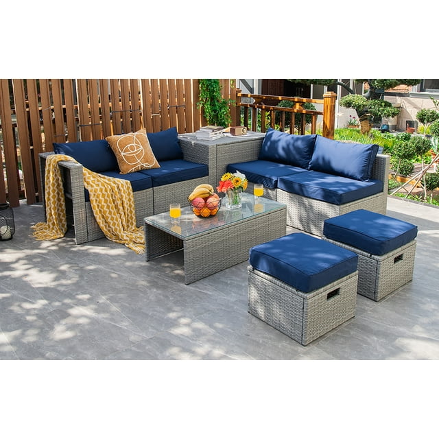 Costway Ensemble de Mobilier de Terrasse en Rotin 8 Pcs Housse de Rangement Imperméable Coussin Bleu Marine