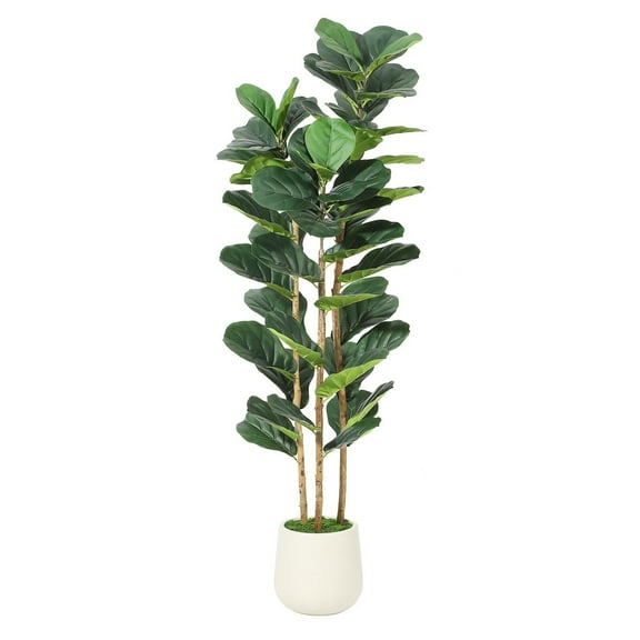 5FT Artificial Fiddle Leaf Fig Tree - Faux Rubber Tree with White Pot - Tall Fake Floor Plant with 56 Leaves - Artificial Plant for Home Decor Indoor Office Living Room