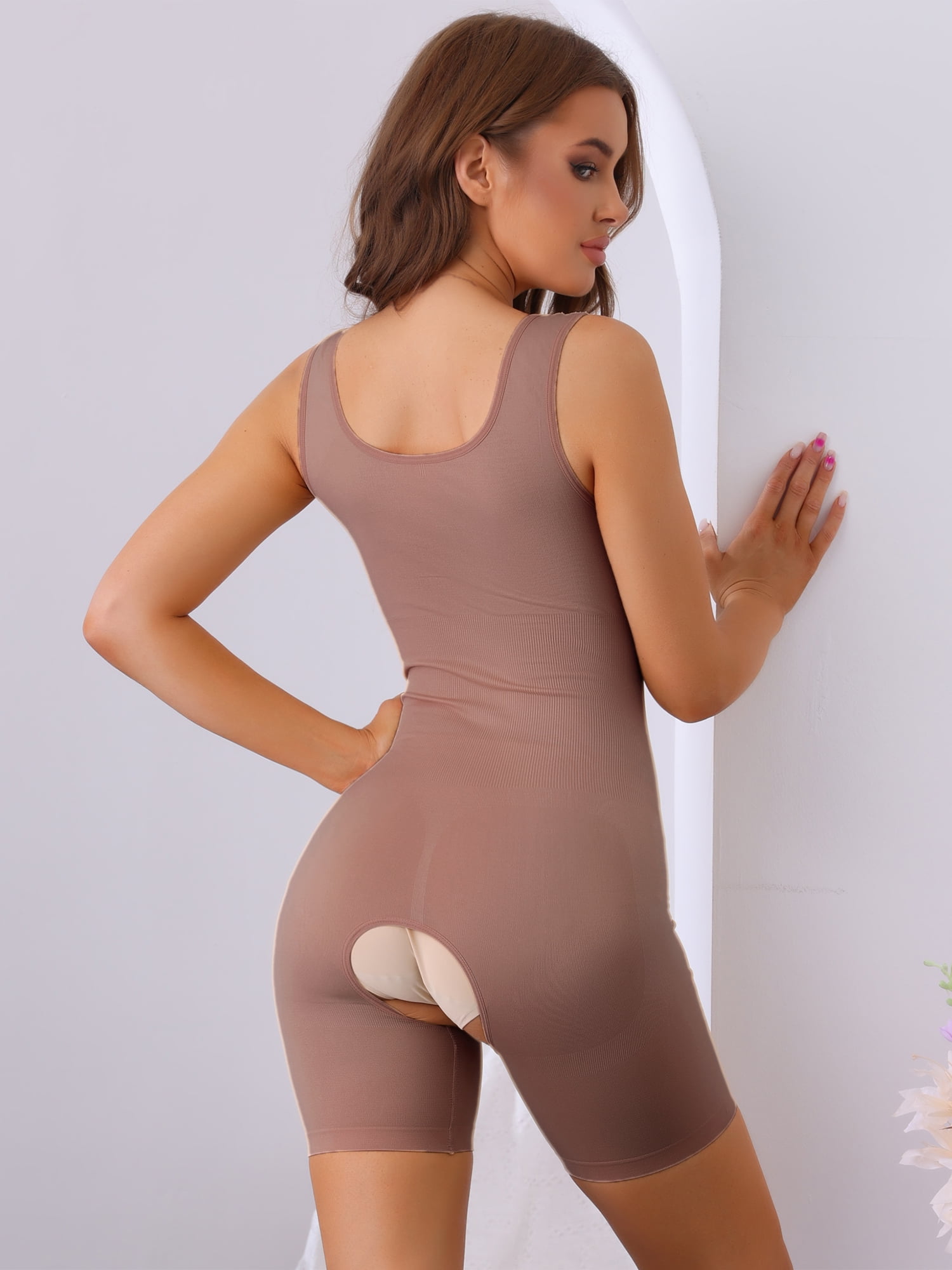 DARING DIVA V Neck Butt Lifter Full Body Shaper Slimmer Jumpsuit L Brown