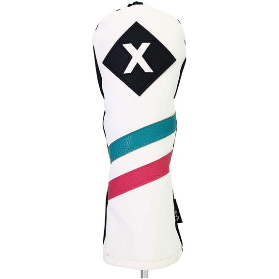Majek Golf Vintage Headcovers White Seafoam Teal Pink Stripe Premium Retro Leather Style X Fairway Wood Head Cover, Wheel Tag Includes Numbers 3 Through 7 Plus X Custom Designs Made in California