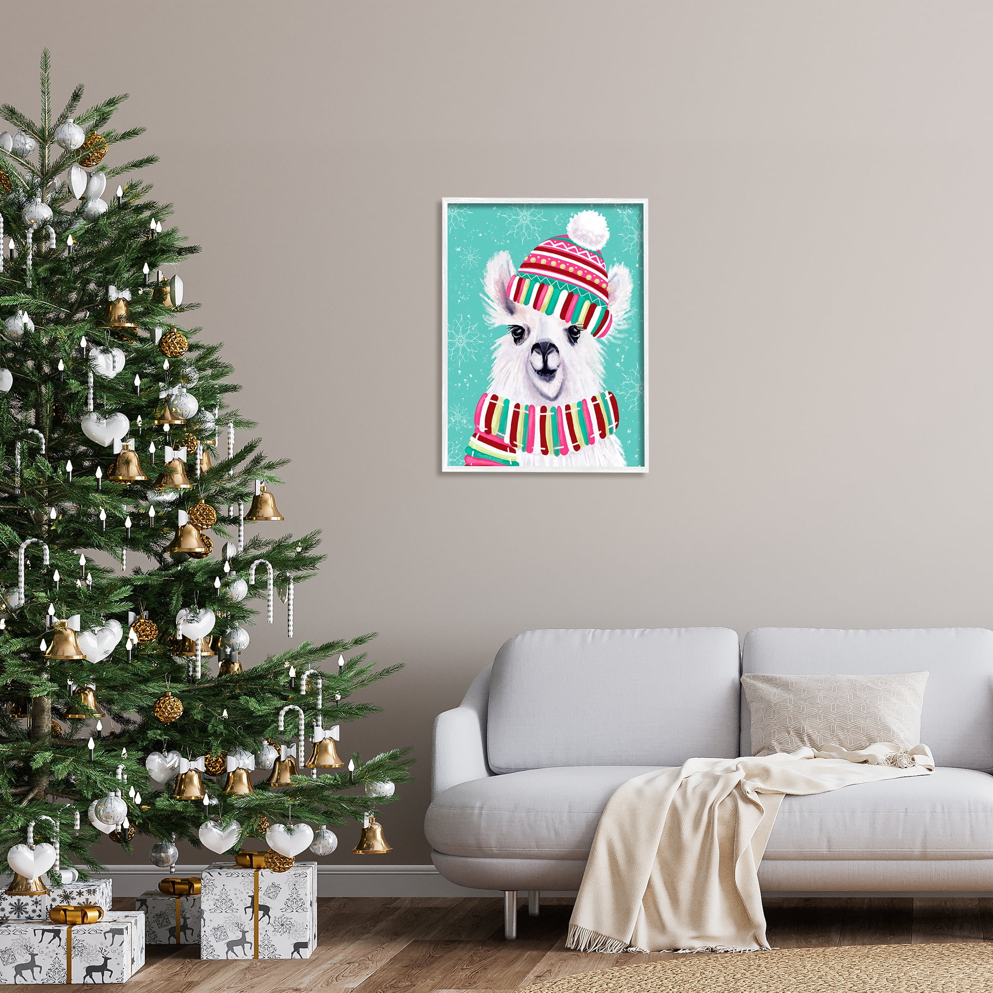 Stupell Indtries Festive Winter Llama Portrait Snowy Weather Scarf Hat,24 x 30,Design by Elizabeth Tyndall