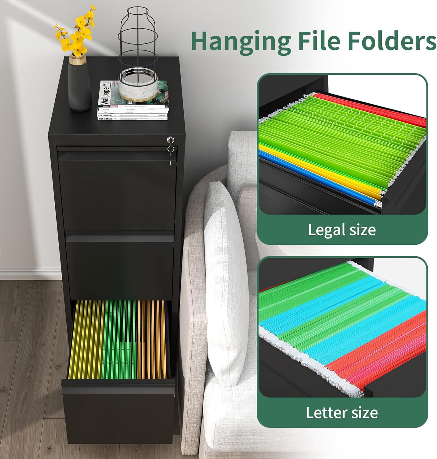 File Cabinet, Vertical File Cabinets with Lock for Home Office,Heavy Duty Office Steel Filing Cabinet for Hanging Letters/Legal/A4, Assembly Required (Black, 3 Drawers)