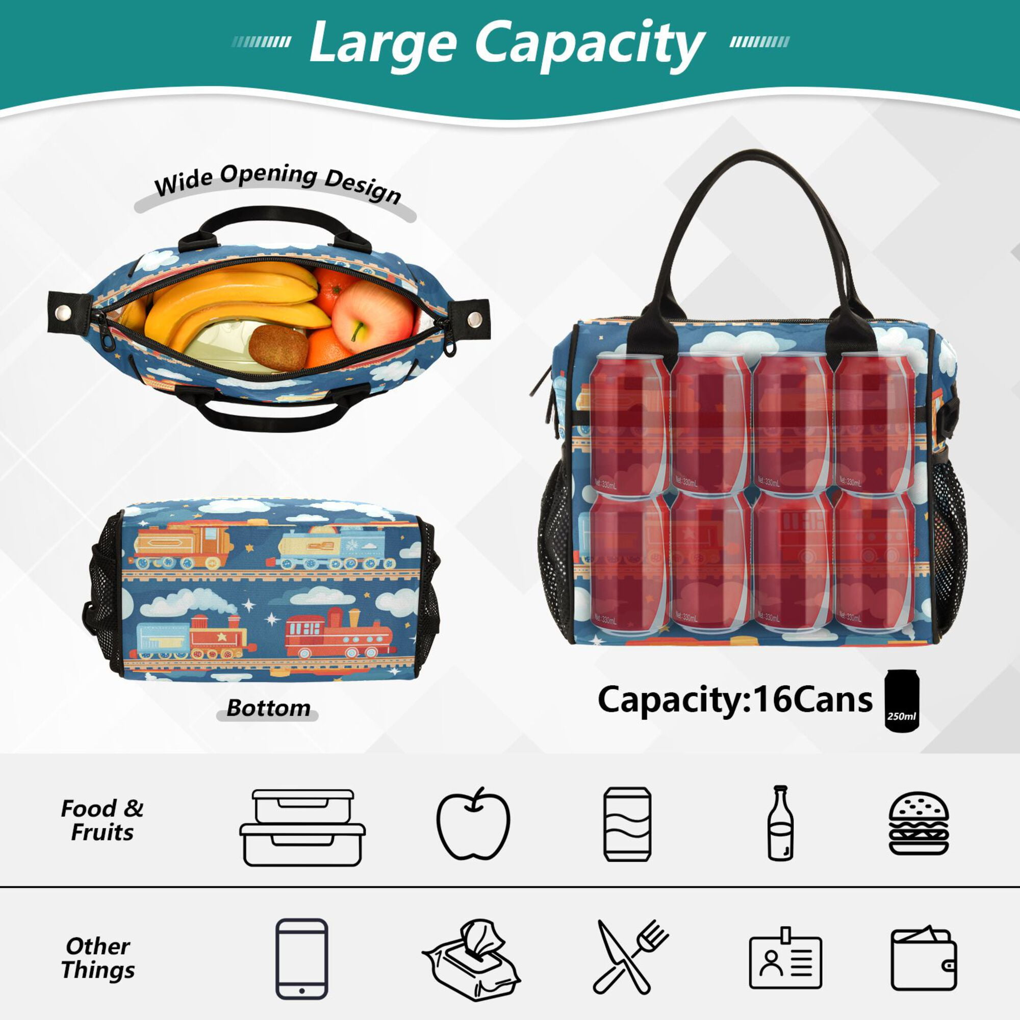 FORMRS Insulated Lunch Bag Unisex Large Capacity with Shoulder Strap, Blue Cute Train Pattern