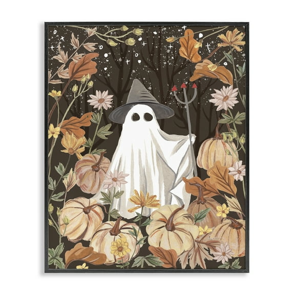 Stupell Industries Ghost in Floral Pumpkin Patch Holiday Painting Black Framed Art Print Wall Art, 11 x 14