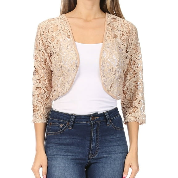 Women's Casual Lace Bolero Crochet Open Cardigan 3/4 Sleeve Sheer Cover Up Jacket