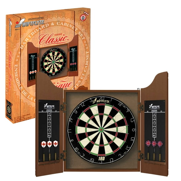 Swiftflyte Classic Cabinet and Dartboard Set - Includes Dartboard, Cabinet, 2 Sets of Brass Darts, 2 Chalk Scoreboards