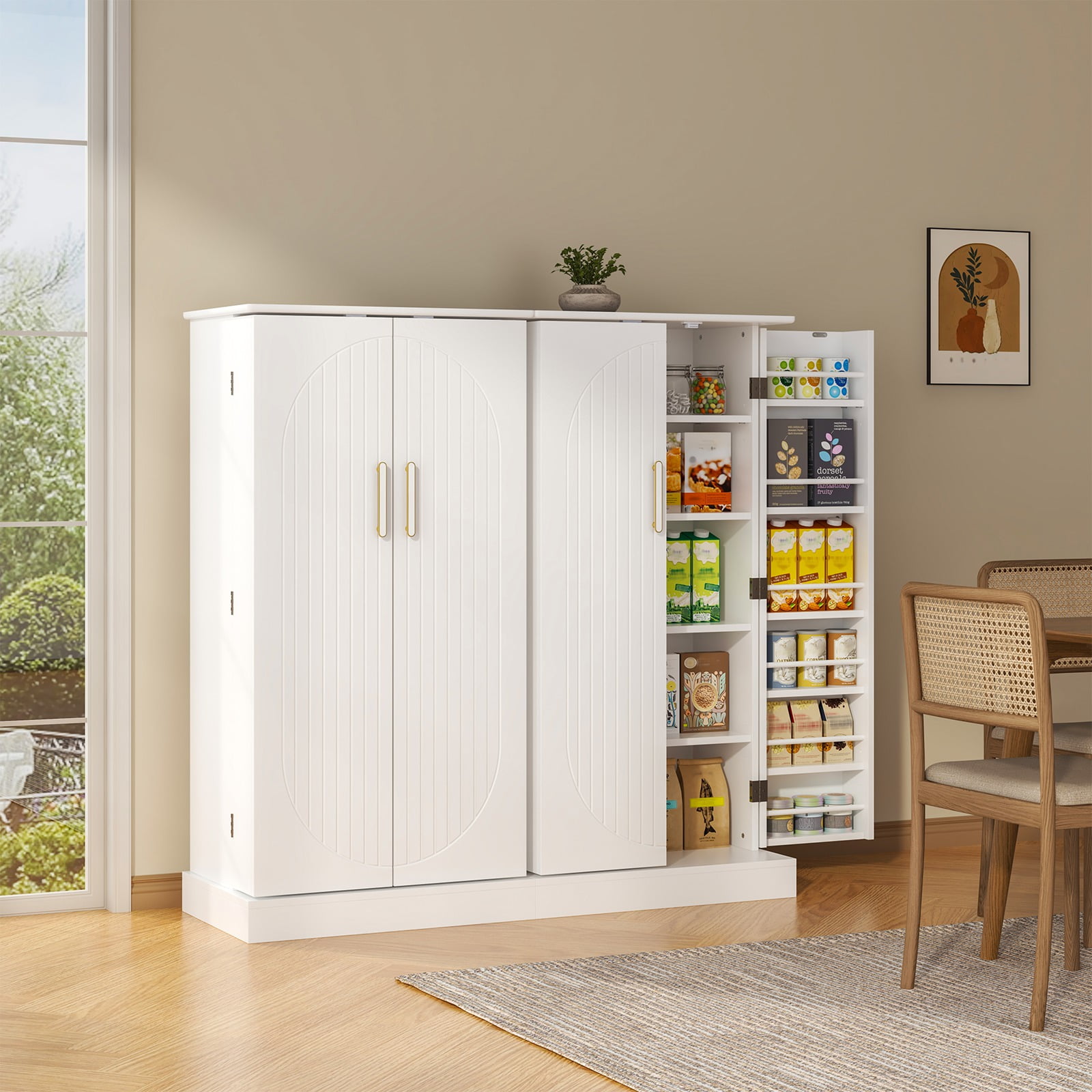 Casendy Pantry Cabinet with 2 Doors and 16 Shelves, Modern Kitchen Storage Cabinet with Adjustable Shelves, Kitchen Storage Cupboard for Dining Room, Living Room, White