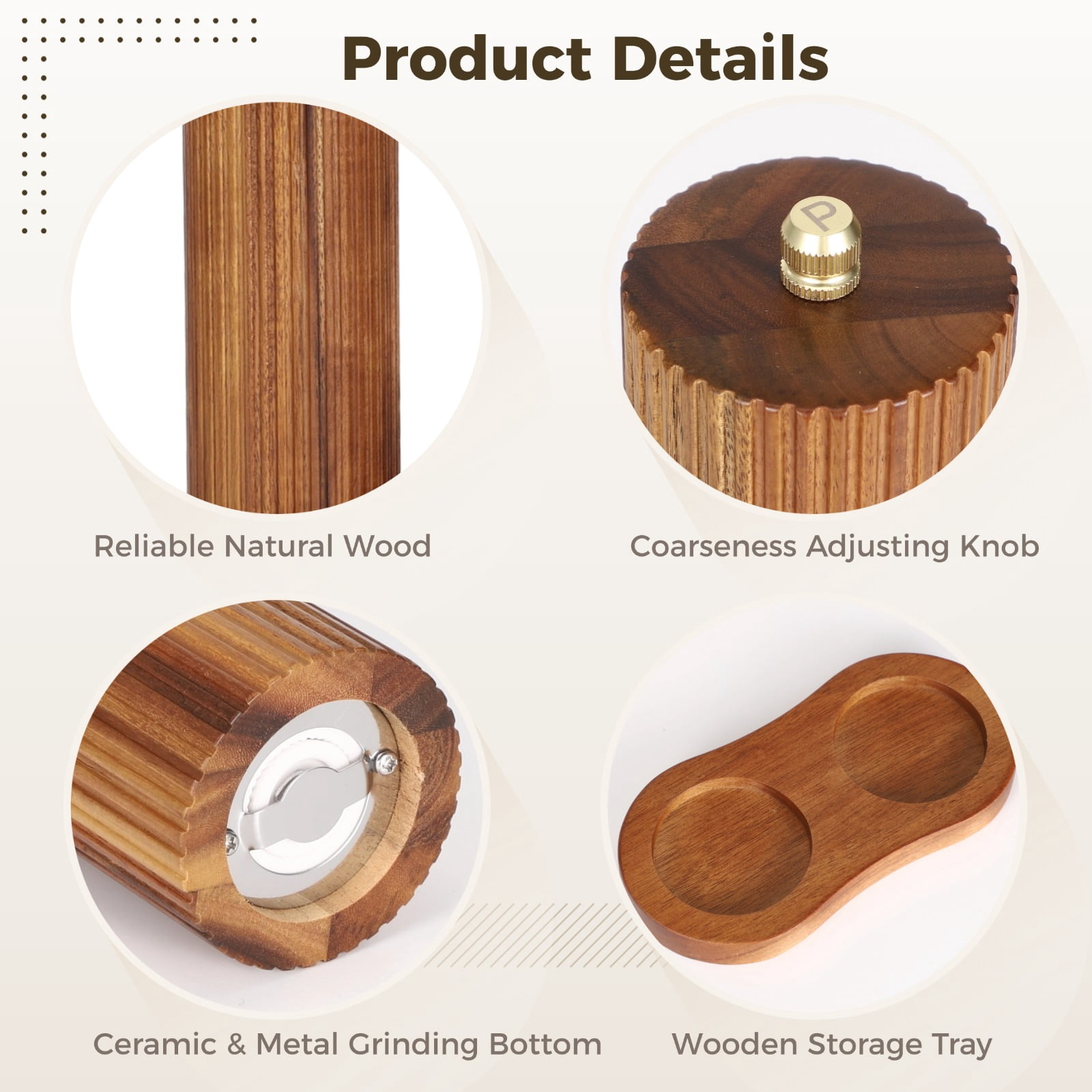 Wooden Salt and Pepper Grinder Set, Adjustable Manual Pepper Mill and Salt Grinder with Wood Tray, Refillable Natural Wood Seasoning Mills for Kitchen Dining Table