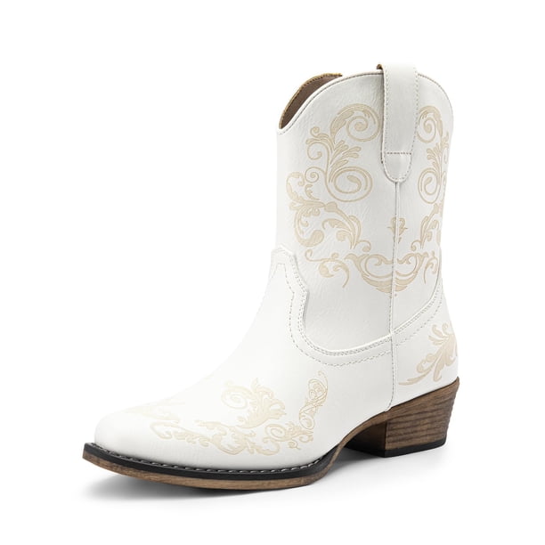 Botas de Tobillo Vaqueras para Mujer DREAM PAIRS con Punta Cuadrada Blanca