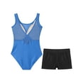 thumbnail image 4 of Moggemol Kids Girls Sheer Mesh Patchwork V-Back Dance Unitards Solid Color Sleeveless Bodysuit with Botty Shorts Set Blue 10, 4 of 7