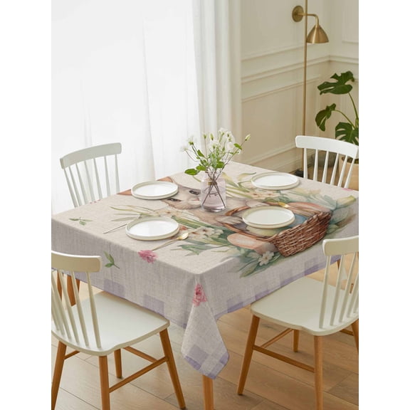 Easter Bunny, Tablecloth Rectangle Table Cloth 60x102, Waterproof Tablecloth Outdoor Table Cloth, Retro Watercolor Flowers Egg Plaid Purple Washable Table Cover for Kitchen Dinning Party