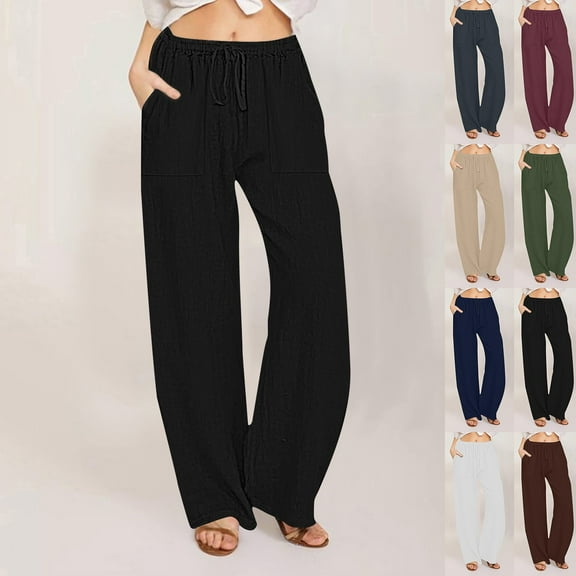Womens Cotton Linen Pants Drawstring Waist Straight Leg Lounge Pants for Women Solid Color Slacks