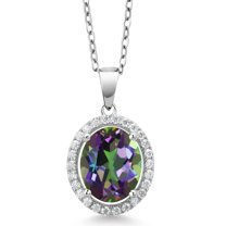 Gem Stone King 925 Sterling Silver Pendant with Chain Oval Green Mystic Quartz and Moissanite (3.92 Cttw)