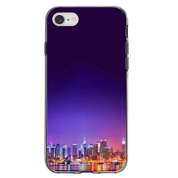 DistinctInk Clear Shockproof Hybrid Case for iPhone 7 8 SE (2020 Model) 4.7" Screen TPU Bumper Acrylic Back Tempered Glass Screen Protector - New York Skyline Night - The Big Apple