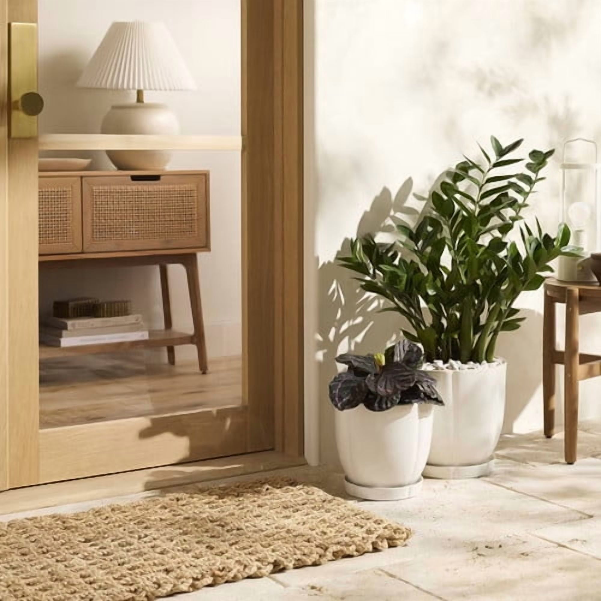 Stoneware Indoor/Outdoor Planter Pot with Saucer, Round Ceramic Design, 11.25 x 11.25 x 11 in, Cream