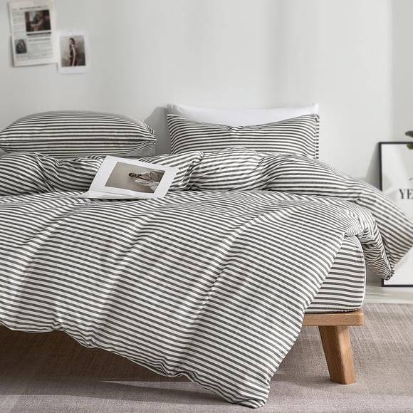 JELLYMONI 100% Natural Cotton 3pcs Striped Duvet Cover Sets,White Duvet Cover with Grey Stripes Pattern Printed Comforter Cover,w