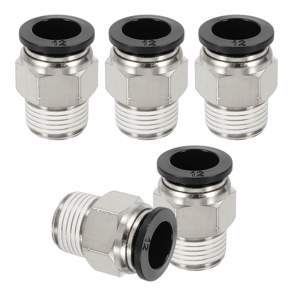 5 Pcs NPT Push to Connect Air Fittings, Male Straight 12mm Tube OD x 3/8" NPT Thread Air Quick Connector, Black