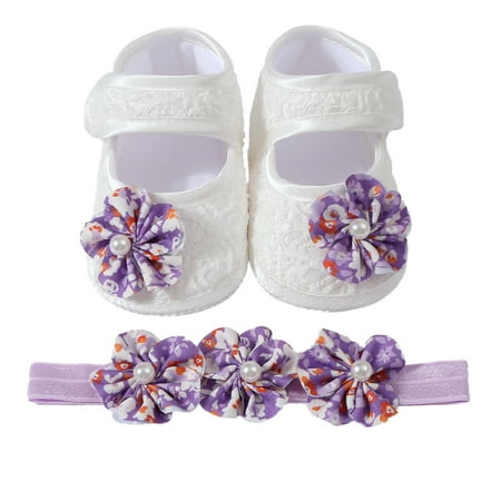 Awevudst Baby Girl Mary Jean Flats Bead Flower Closed Toe Shoes with Headband
