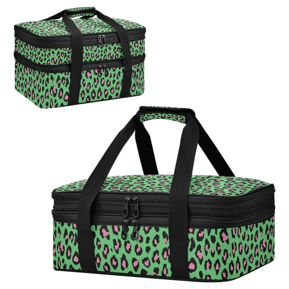 Large Double Decker Insulated Casserole Carrier Expandable 2-Layer Thermal Food Tote Bag Powder Green Retro Leopard Print Hot Cold Pizza Lasagna Holder for Potluck Picnic Party Camping