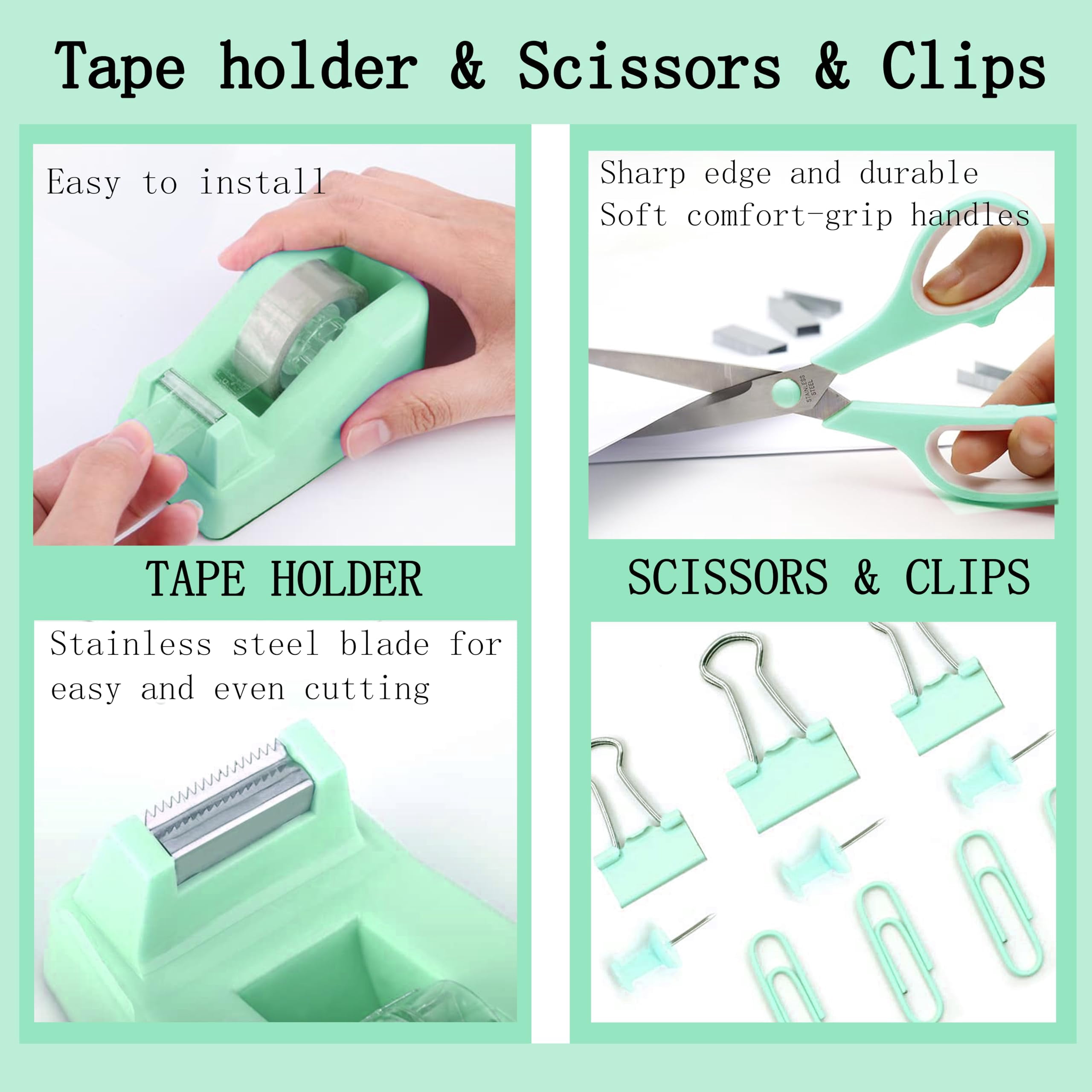 Green Office Desk Accessories Supplies  12pcs Organizers And With Tape Dispenser Stapler Staples Staple Remover Pen Holder Scissor Ruler Sticky Tabs Ballpoint Clips Set