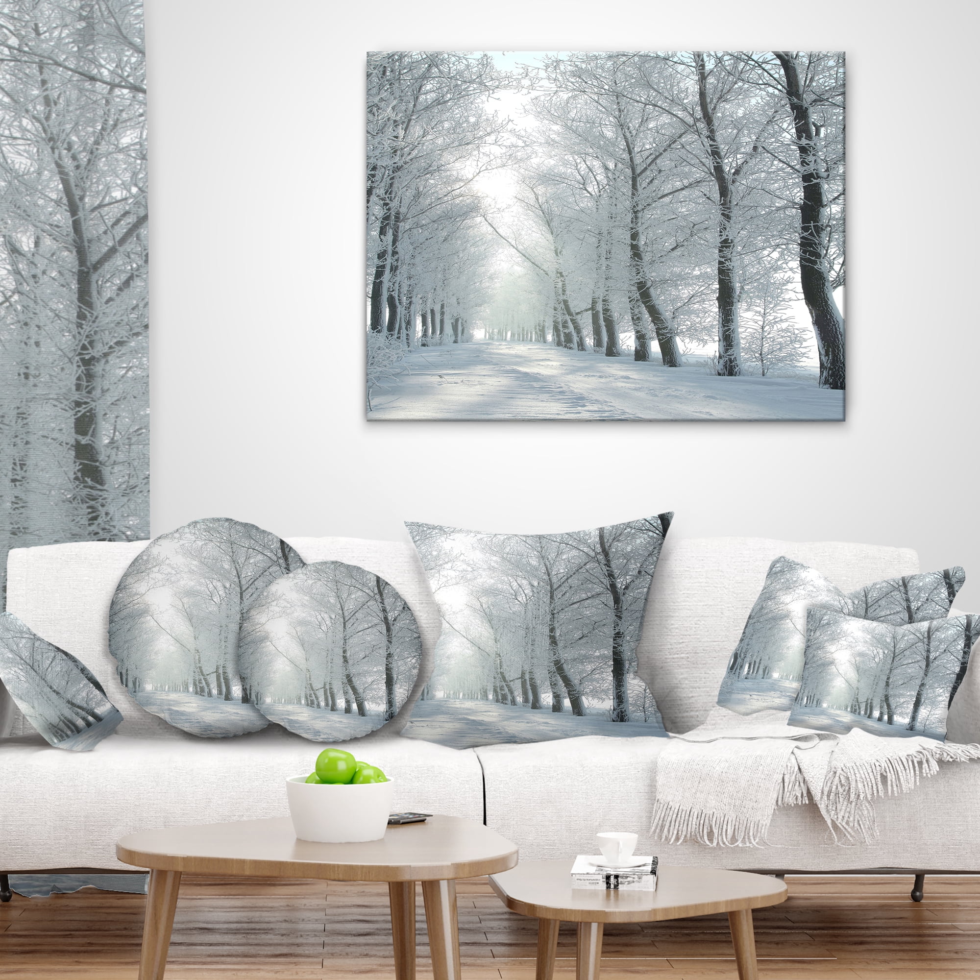 Designart Winter Country Lane on Frosty Morning - Forest Throw Pillow - 18x18
