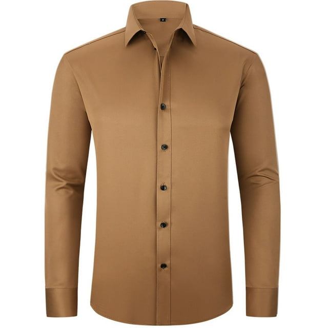 Men's Stretch Slim Fit Business Casual Solid Color Long Sleeve Shirt - Machine Washable, Comfortable Fabric, Classic Design for Work & Parties