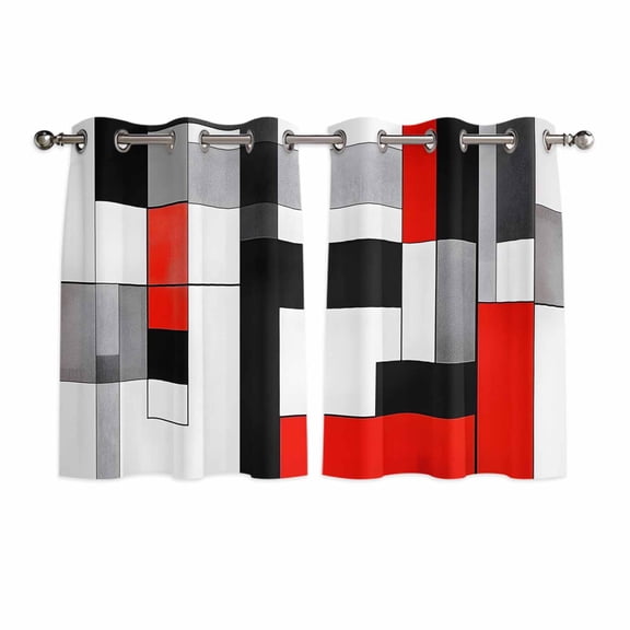 Red Black Kitchen Curtains Short 45 Inch Length, Abstract Geometric Grey White Middle Century Grommet Top Bedroom Living Room Curtains, Light Filtering Cafe Curtain Drapes 2 Panels Set 84''x45''