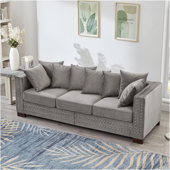 JERFIT Modern Velvet Sofa Couch with Storage, 84" 3-Seater for Living Room, Square Arm with Nailhead Trim, Gray