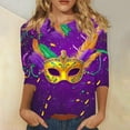 thumbnail image 1 of RKSTN Mardi Gras 3/4 Sleeve T Shirts for Women Top Oversized Crewneck Carnival Mask Print 3/4 Length Sleeve Shirt Womens Casual Round Neck Mask Tuesday Carnival Party Three Quarter Sleeve Tee Shirt, 1 of 5
