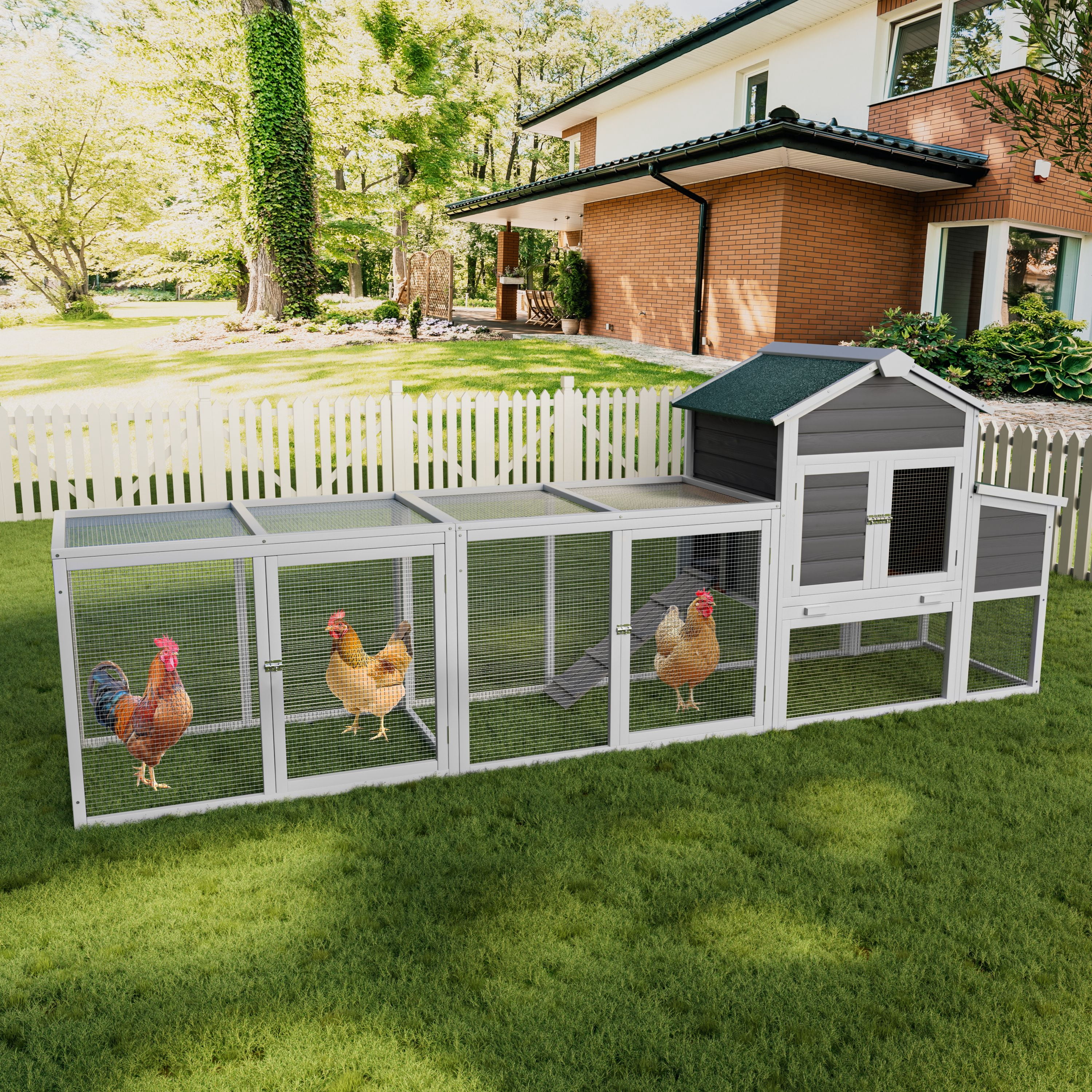 122" Large Gray Wood Chicken Coop Hen House Pet Rabbit Hutch Wooden Pet Cage Backyard with Nesting Box