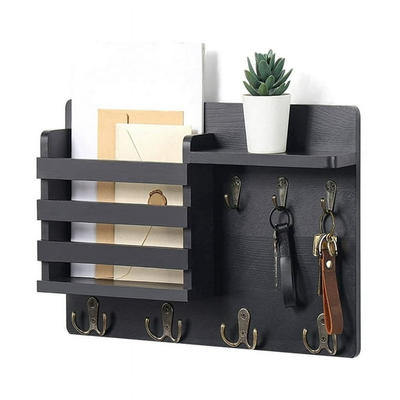 Key and Mail Holder for Wall Mail Organizer Wall Mount with Hooks Easy Installation Key Rack for Ent Black Pine wood