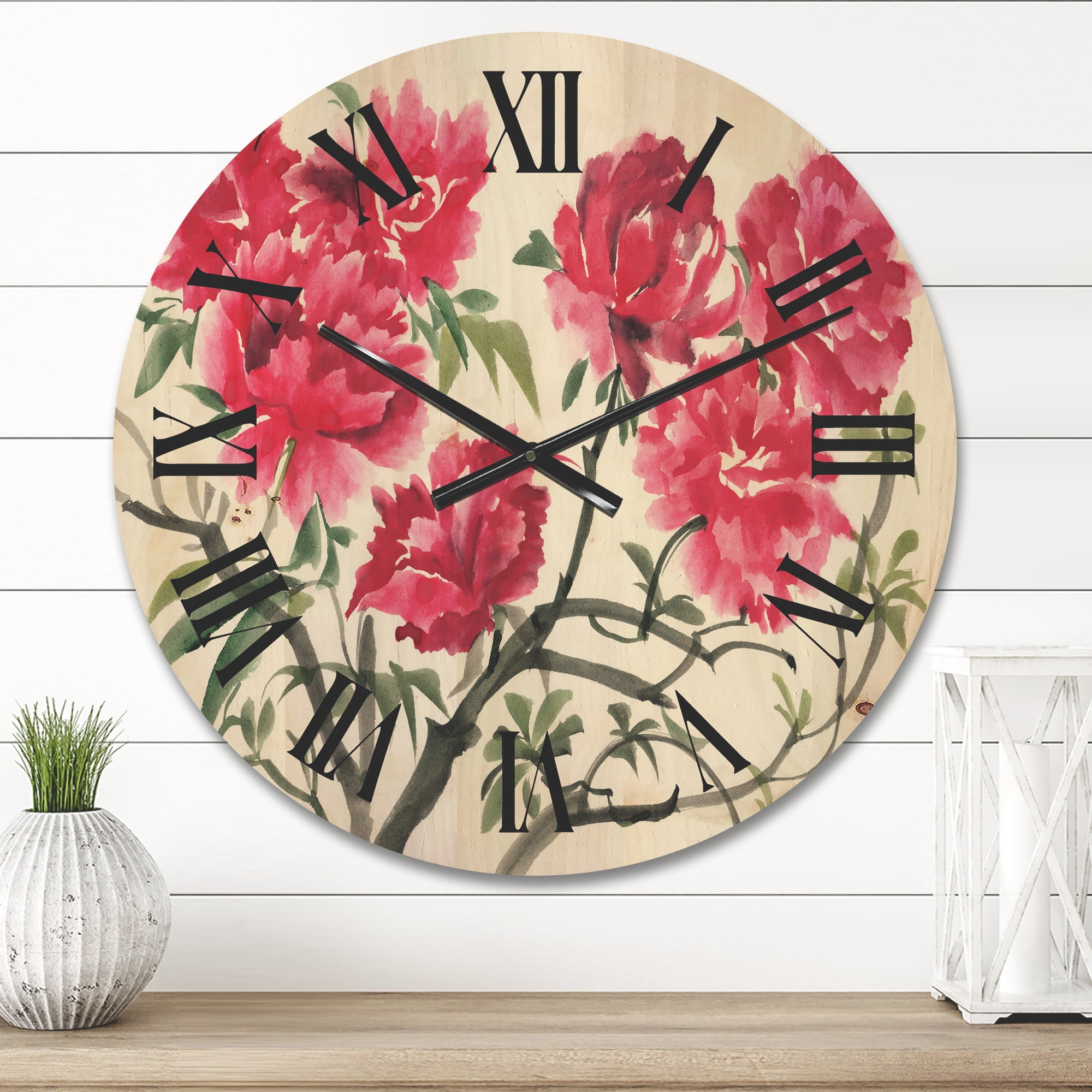 Designart 'Ancient Purple Azalea Flower' Traditional Wood Wall Clock