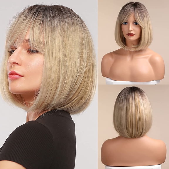 Bob Wig with Bangs Short Bob Wigs for Women Short Straight Wigs with Dark Roots Heat Resistant Synthetic Wig Natural Looking for Daily Use A2
