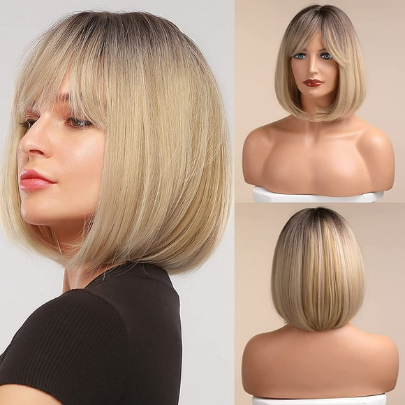 Bob Wig with Bangs Short Bob Wigs for Women Short Straight Wigs with Dark Roots Heat Resistant Synthetic Wig Natural Looking for Daily Use Perruques A2