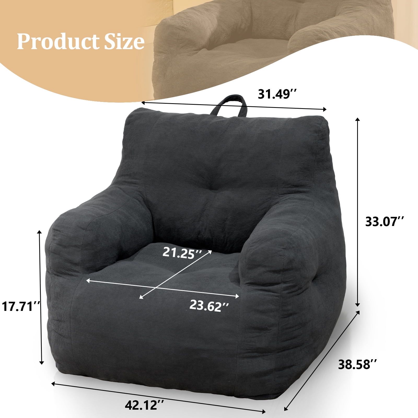 MIERES Bean Bag Chair for Adult Small Bean Bag Chairs with Arms Furry Beanbag Chair with Foam Filler Stuffed Bean Bag Sofa for Reading in Bedroom Living Room and Dorms (Gray)