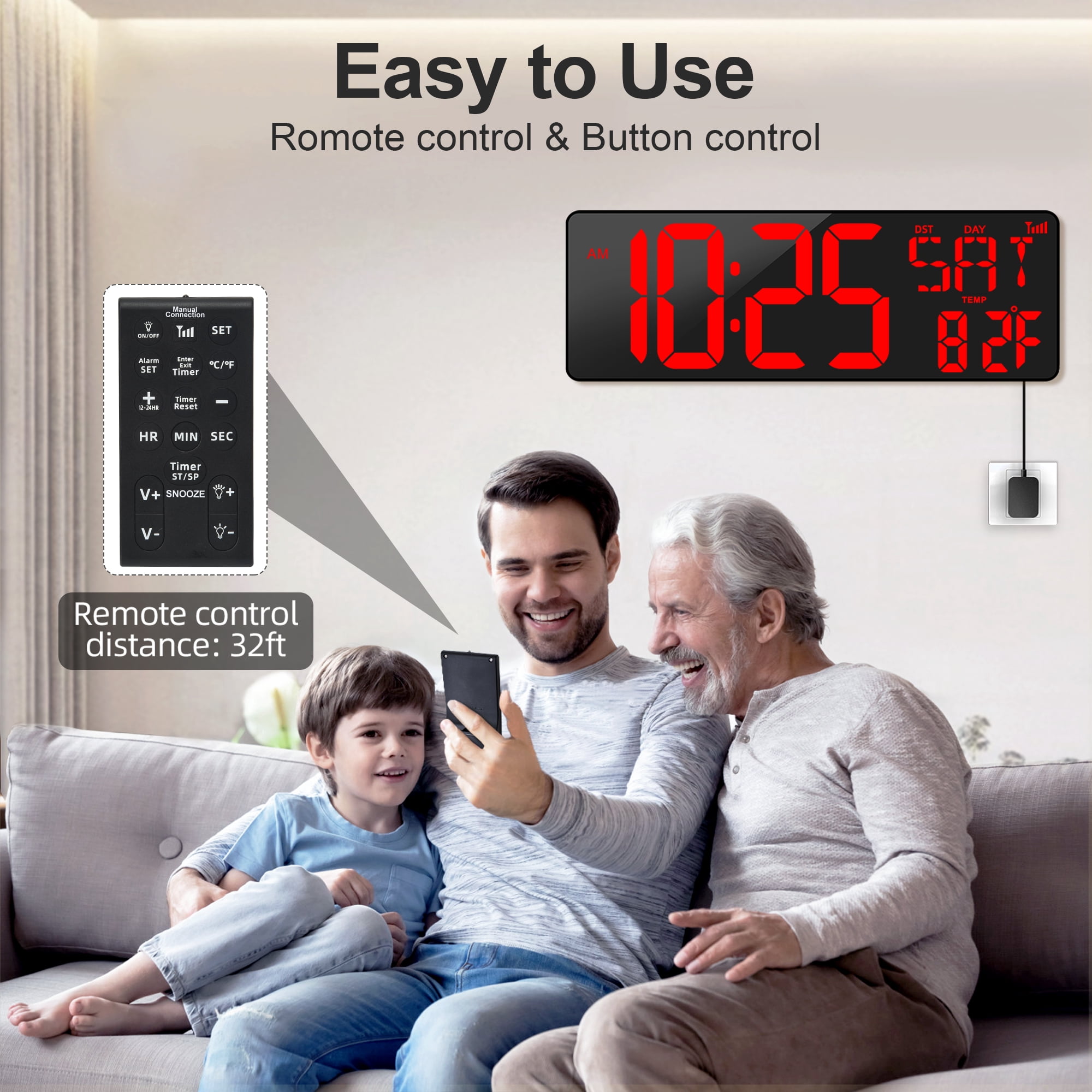 XREXS Large Digital Wall Clock with Bluetooth, 16.5 in Large Display Wall Clock with Temperature/Date/Week