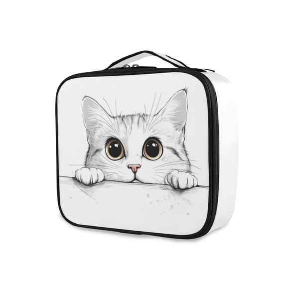 FORMRS Travel Makeup Bag Large Capacity Train Case Cosmetic Organizer with Adjustable Dividers, White Cat