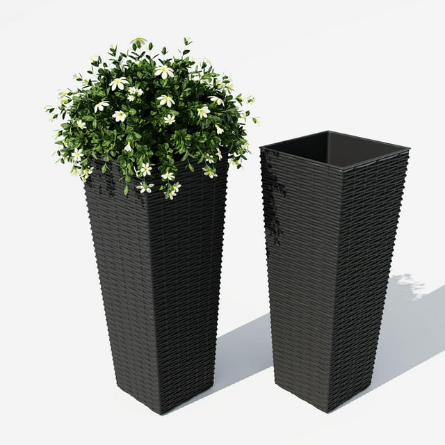 Gaderth Tall Planters Set of 2, 61 and 81 cm Indoor Outdoor Front Porch Planters With Inner Pots and Drainage Holes, Large Decorative Rattan Texture Flower Pots for Patio Backyard Garden Home