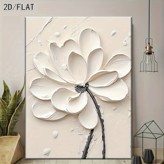 2D Flat, 2D/FLAT Elegant White Flower Printed | Abstract Floral Canvas Art, Blooming Flower Decoration, Cream Style Wall Art for Living Room, Bathroom, Hallway, Office, Bar,