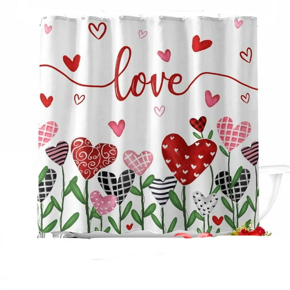 Valentine's Day Shower Curtain Set, Red Love Heart Leaves Fabric Bathroom Curtain with Hooks, Waterproof, 47x71 Inches, Bath Tub Decor for Farmhouse