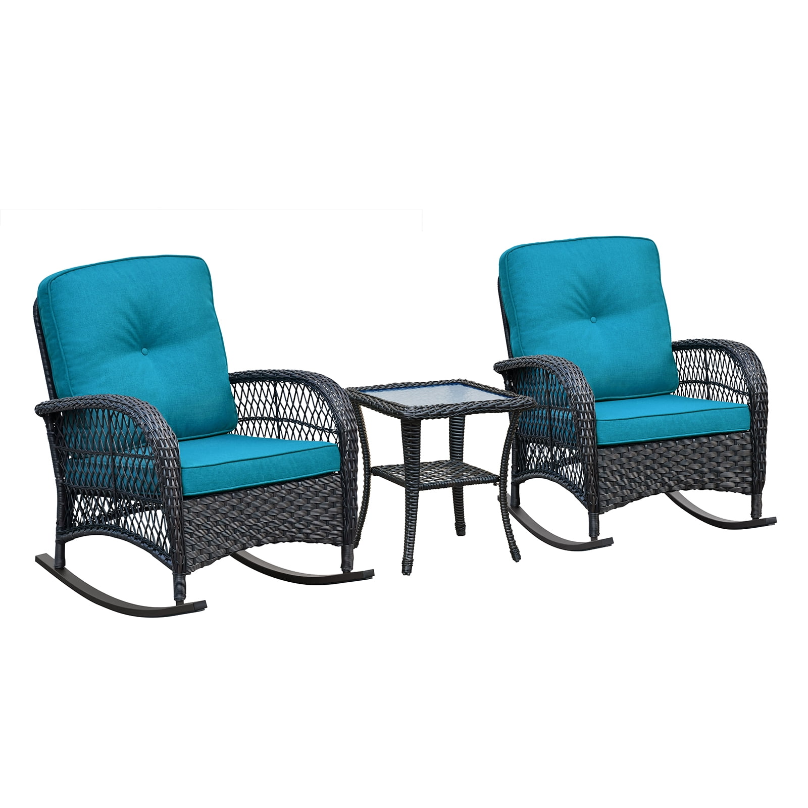 ATR ART to REAL Patio Wicker Rocking Furniture Sets,Rattan Rocker Chair Sets with Side Table for Porch, Peacock Blue