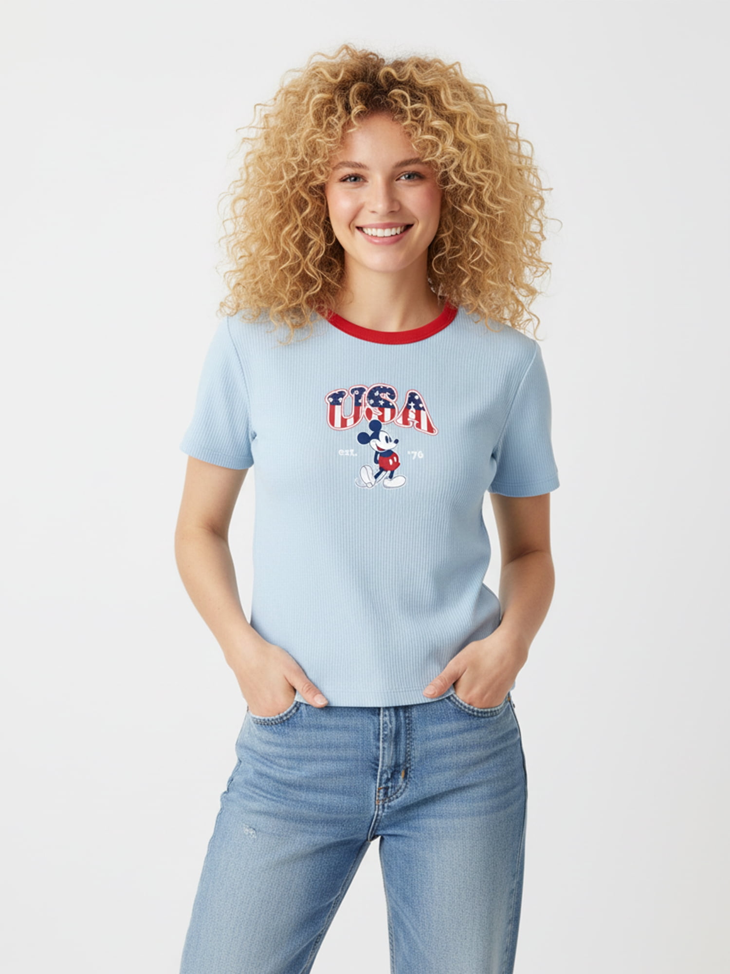 Disney Women's Mickey Stars and Stripes Graphic Baby Tee with Short Sleeves, Sizes XXS-XXL