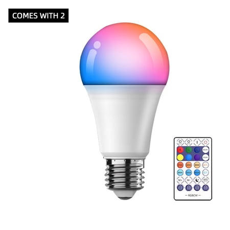 Arogan Smart LED 9W (60W Equivalent) RGBW/Dimmable White, A19, Medium (E26) Base, Dimmable, (2 Pack with Remote)