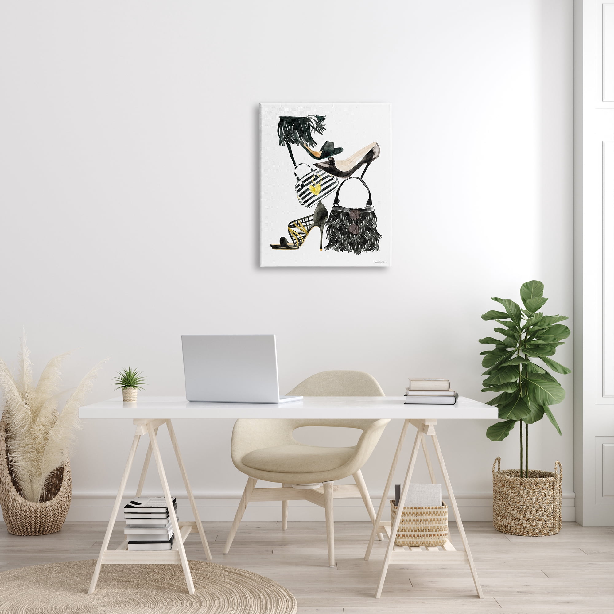 Stupell Industries Glam Fashion Accessory Stack Fringe Shoes and Purse Beauty & Fashion Painting Gallery Wrapped Canvas Print Wall Art, 24 x 30
