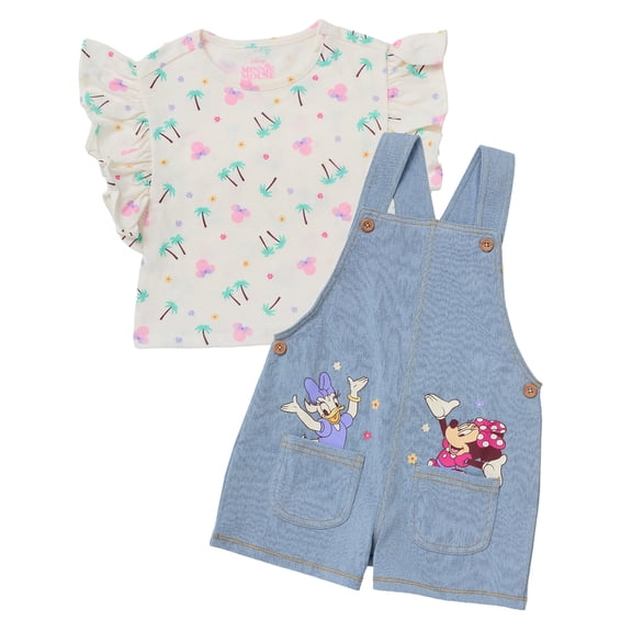 Disney Minnie Mouse Girls Shortall Overalls and T-Shirt Set, Toddler & Little Kids Spring Summer Outfit (Pink, 6X)