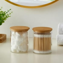Glass Qtip Holder Dispenser with Bamboo Lid - 2 Pack Apothecary Jars - Cotton Balls Pads Swabs Holder Jar - Bathroom Vanity Canisters Jars for Countertop Storage and Organization