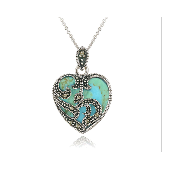 925 Sterling Silver Marcasite & Turquoise Heart Necklace