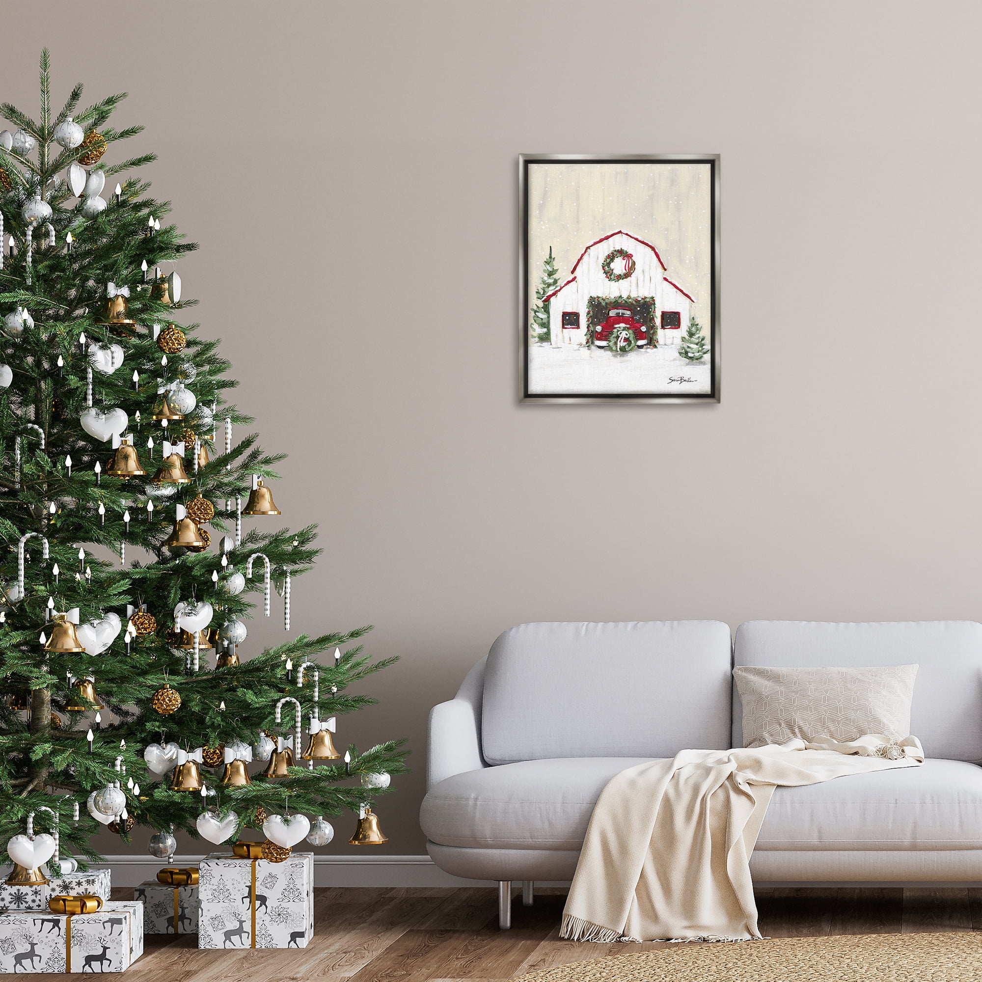 Stupell Industries Seasonal Garlands Barn Holiday Painting Gray Floater Framed Canvas Art Prints Wall Art, 25 x 31
